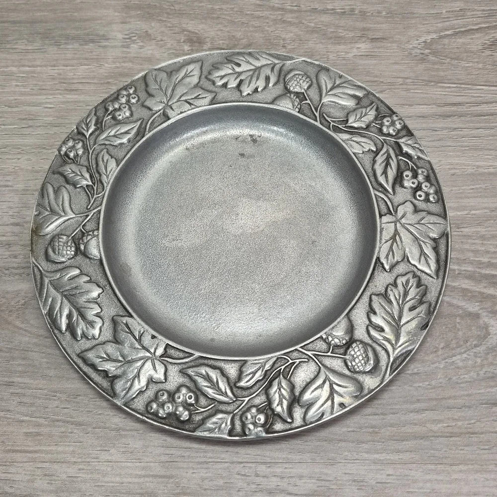 Longaberger Pewter Plate Candleholder Falling Leaves 2001 Leaves & Acorns